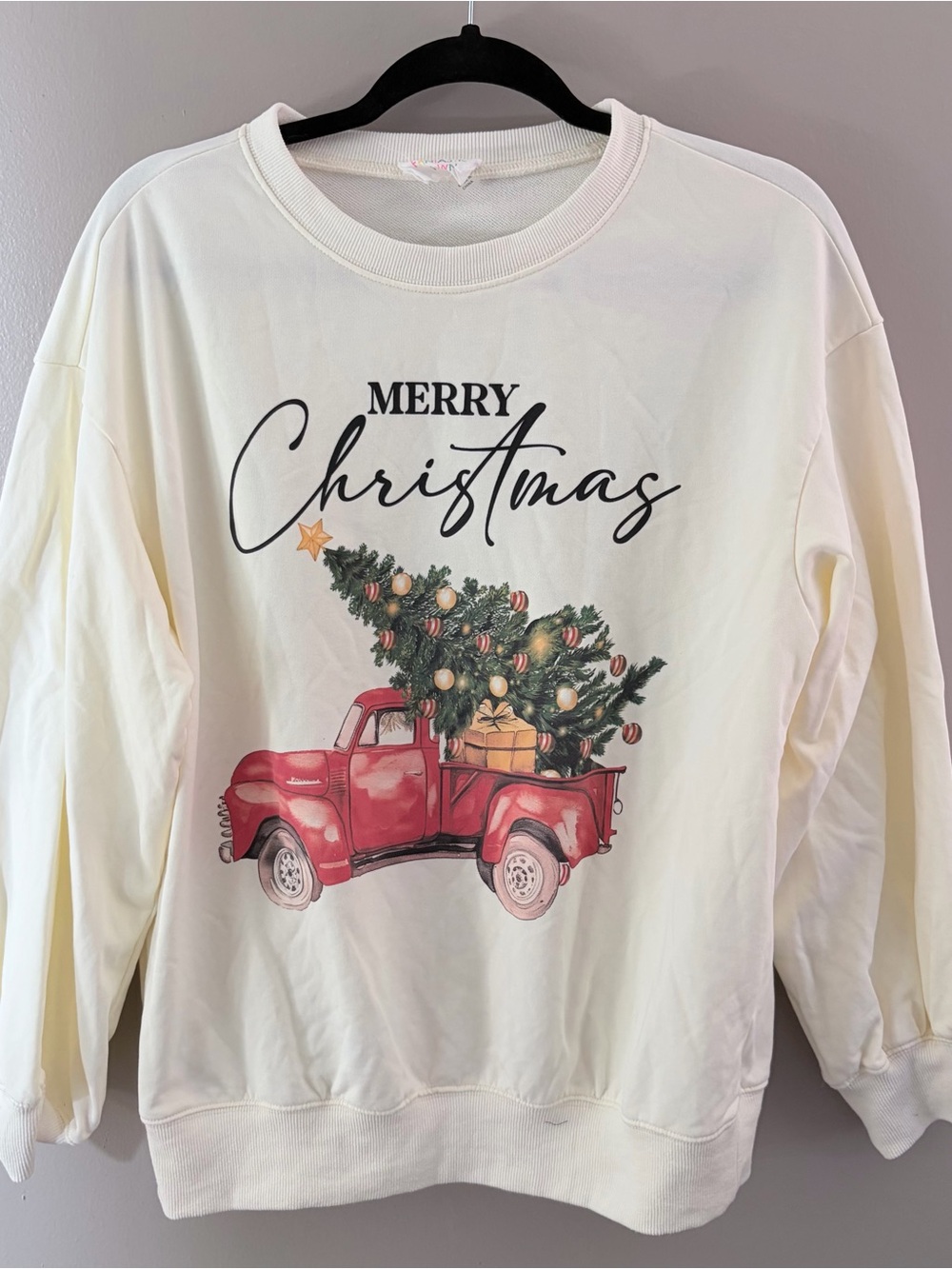 Fantastic Fawn Small White Merry Christmas Red Truck Graphic Sweatshirt